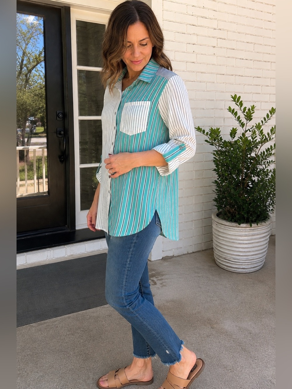NWT Multiples Striped Colorblock Tunic Button Shirt Roll Tab Rayon Teal White S